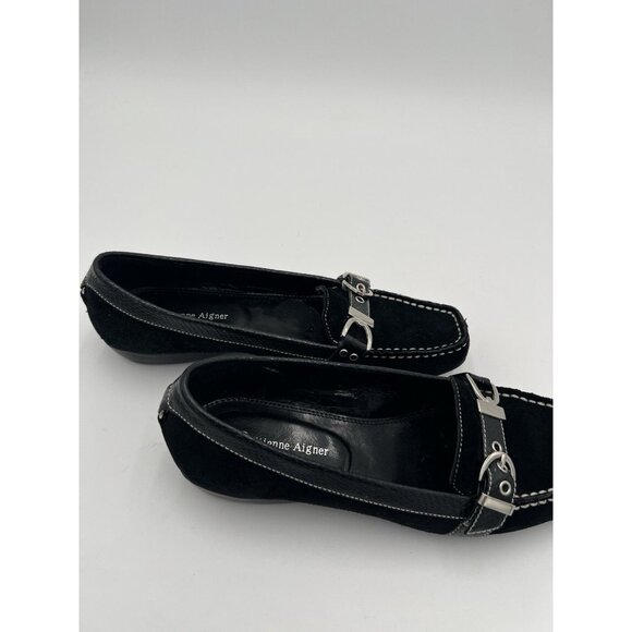 Etienne Aigner Women's Black Suede Leather Loafers With Buckle Accents Size 7 - Picture 4 of 16